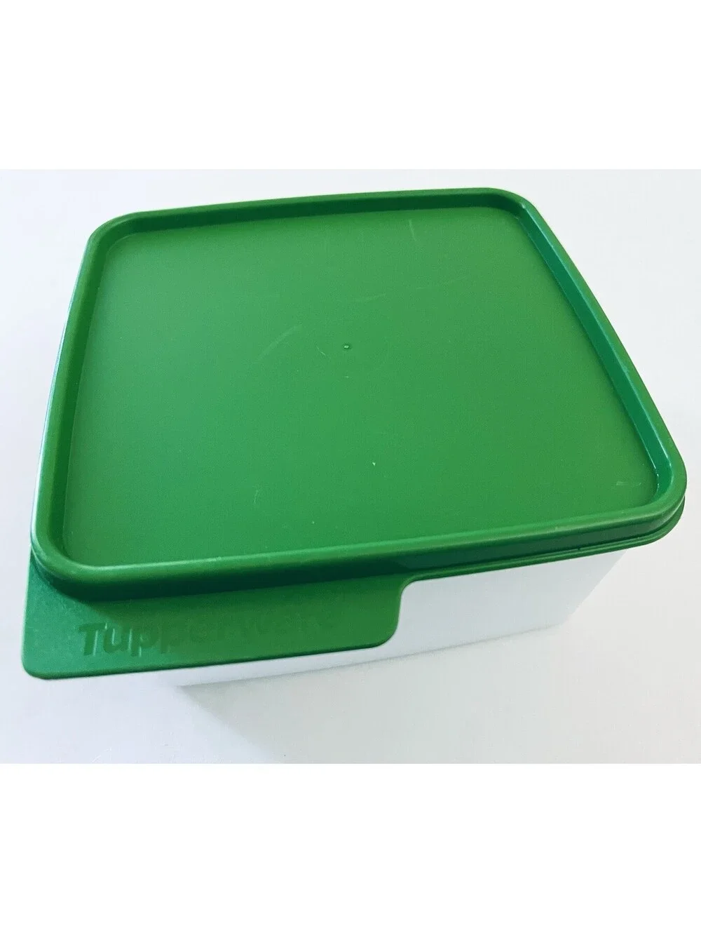 VTG Tupperware 2L Square Storage Container 6588A-5 Green Seal Lid 6589A-5 White